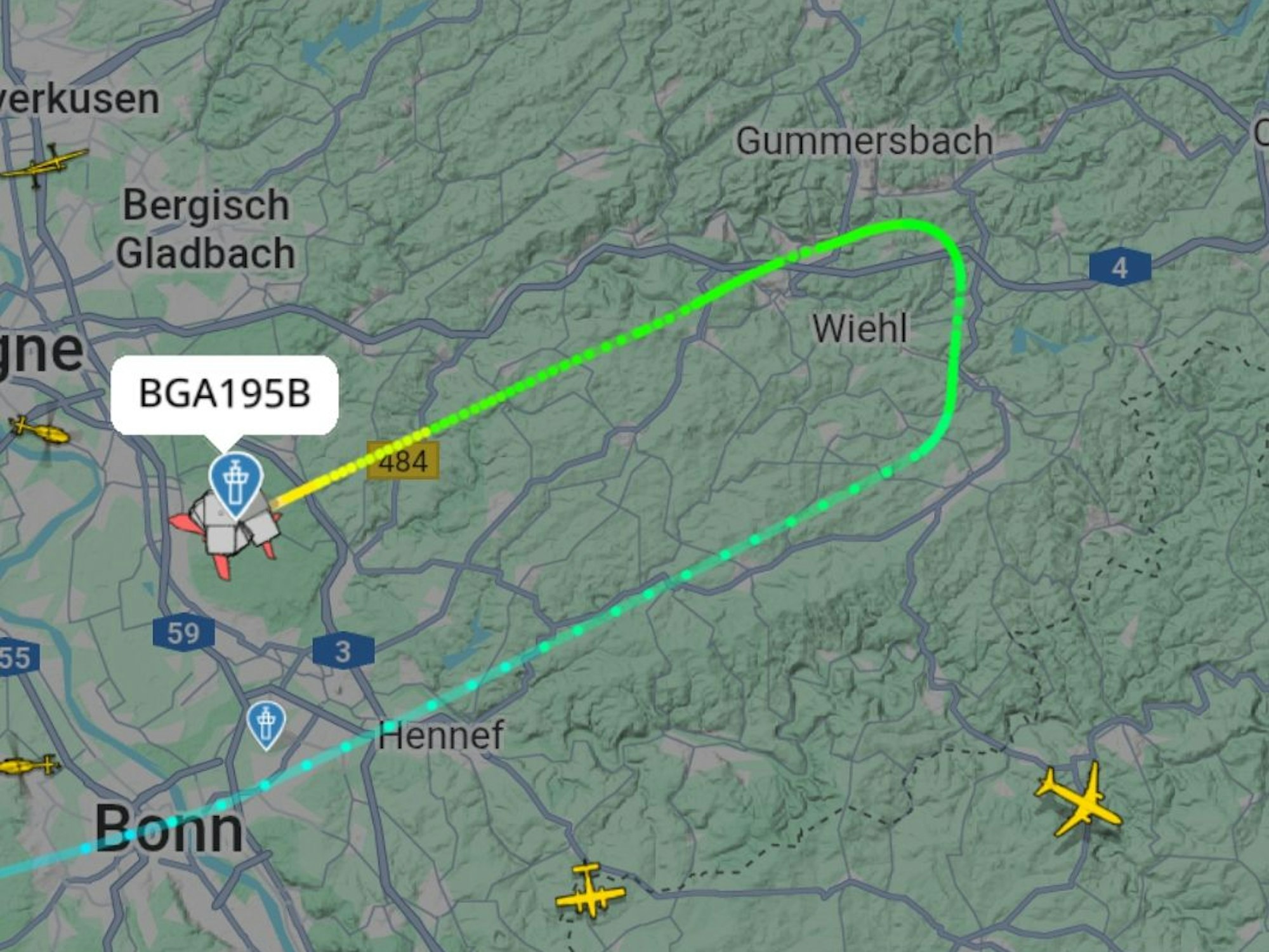 Auf einem Radar ist zu sehen, wie der Airbus eine Kehrtwende gemacht hat. .