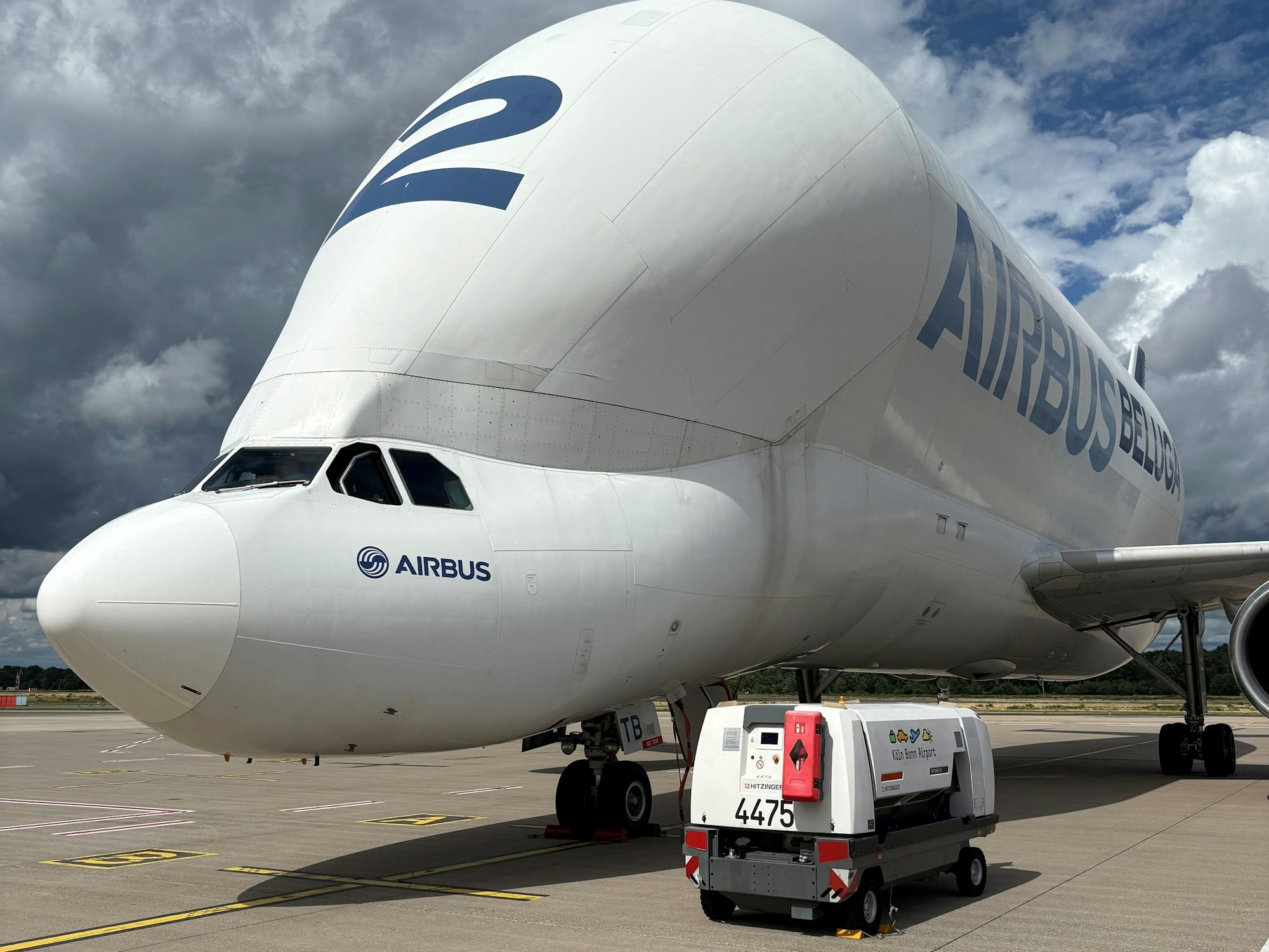 Ein Airbus, dessen Aussehen an einen Weißwal erinnert, steht am Flughafen Köln/Bonn.