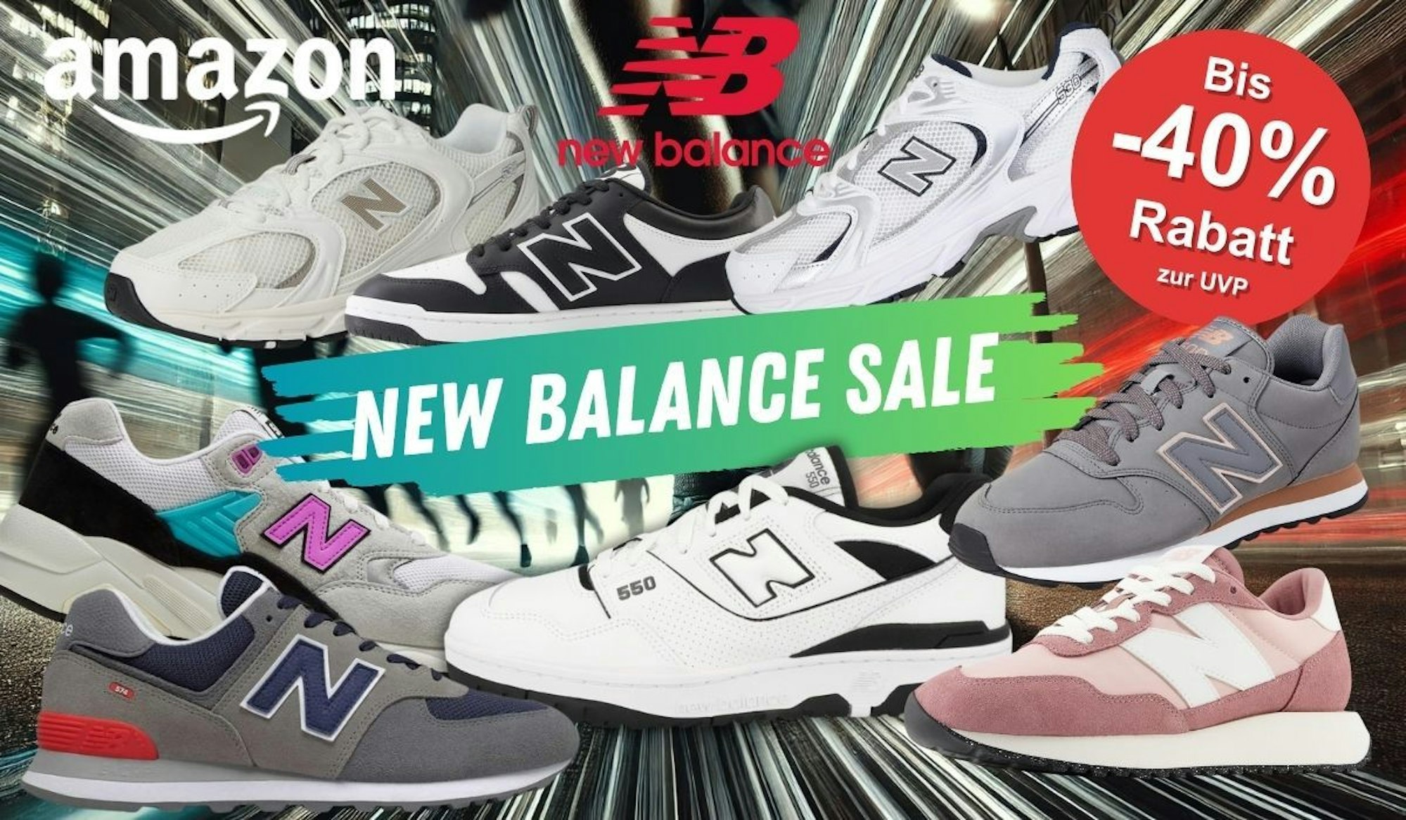 New Balance Sneaker wie 530, 550, 574, 237, Bb 480 in verschiedenen Farben vor einem dynamischen Hintergrund mit Silhouetten von Joggern in einer nächtlichen Stadt mit vielen Lichtern.