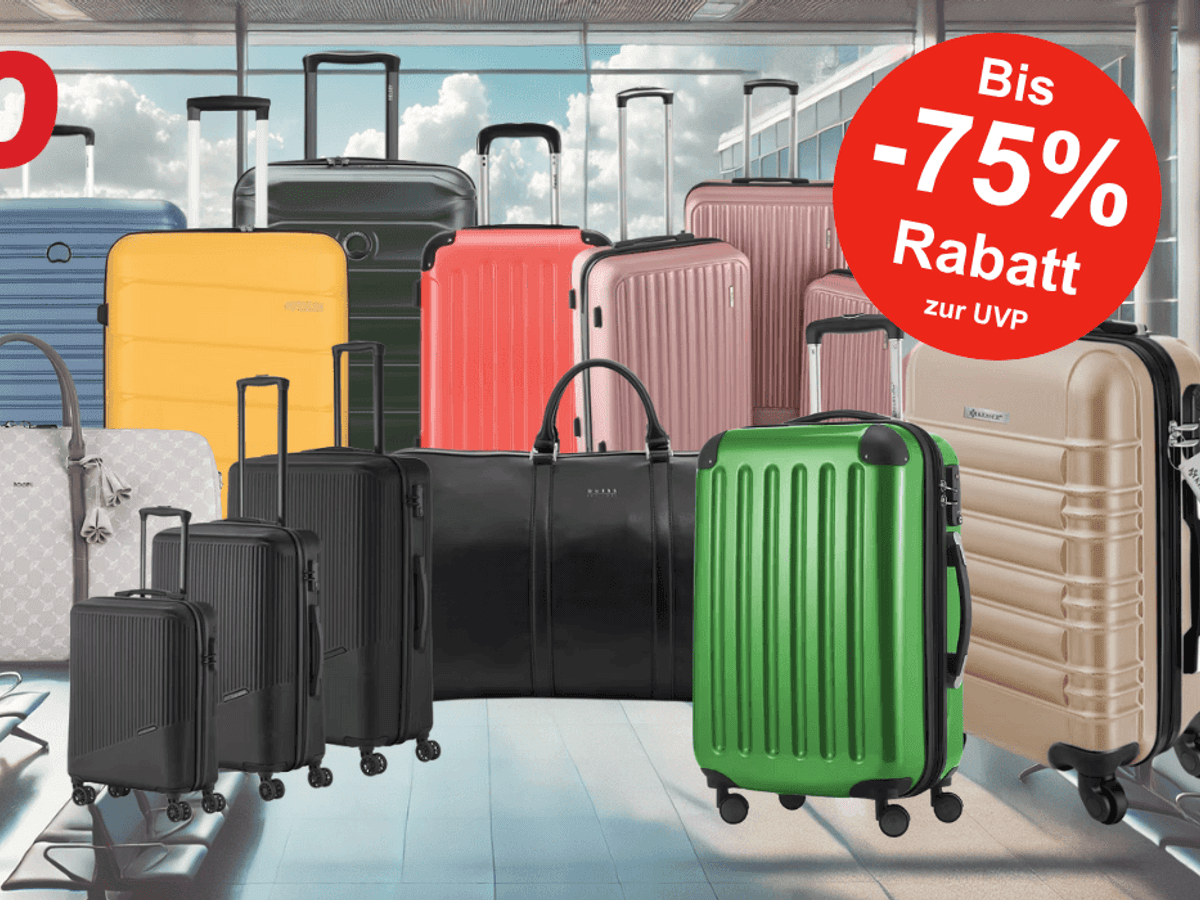 Darstellung von verschiedenen Koffern, Koffer-Sets und Reisetaschen vor einem Hintergrund mit einer Flughafenhalle.