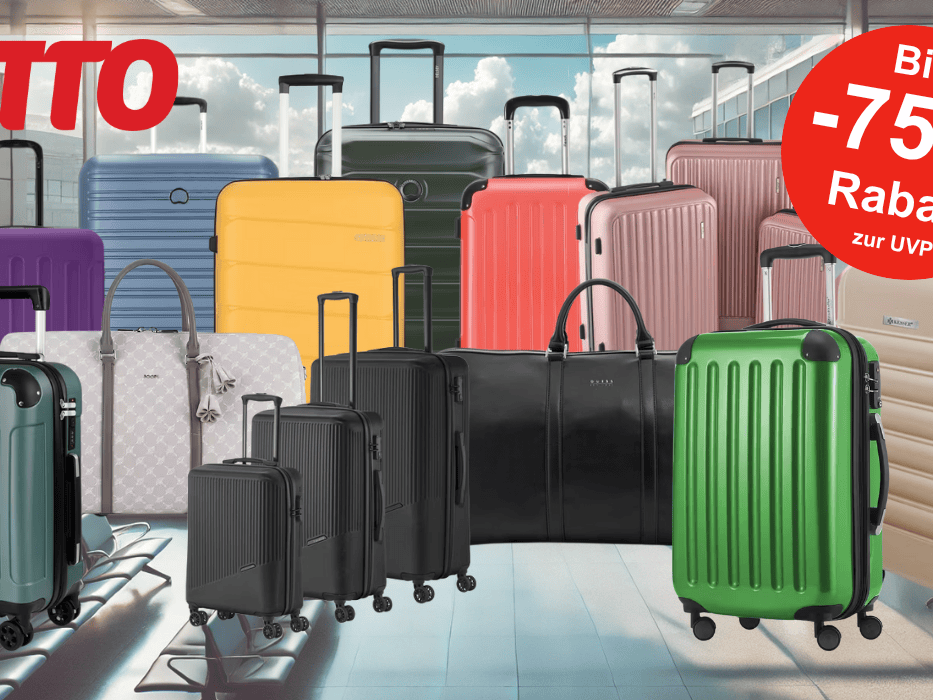 Darstellung von verschiedenen Koffern, Koffer-Sets und Reisetaschen vor einem Hintergrund mit einer Flughafenhalle.