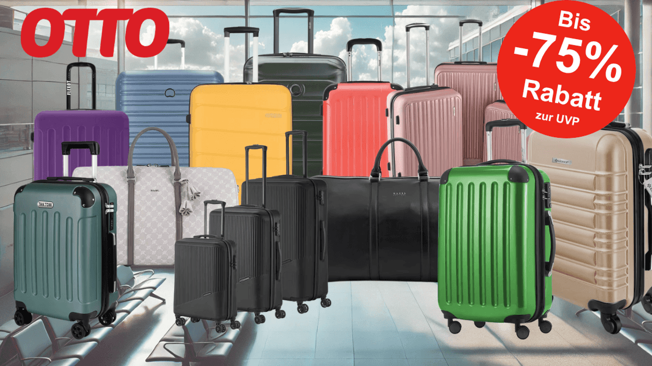 Darstellung von verschiedenen Koffern, Koffer-Sets und Reisetaschen vor einem Hintergrund mit einer Flughafenhalle.