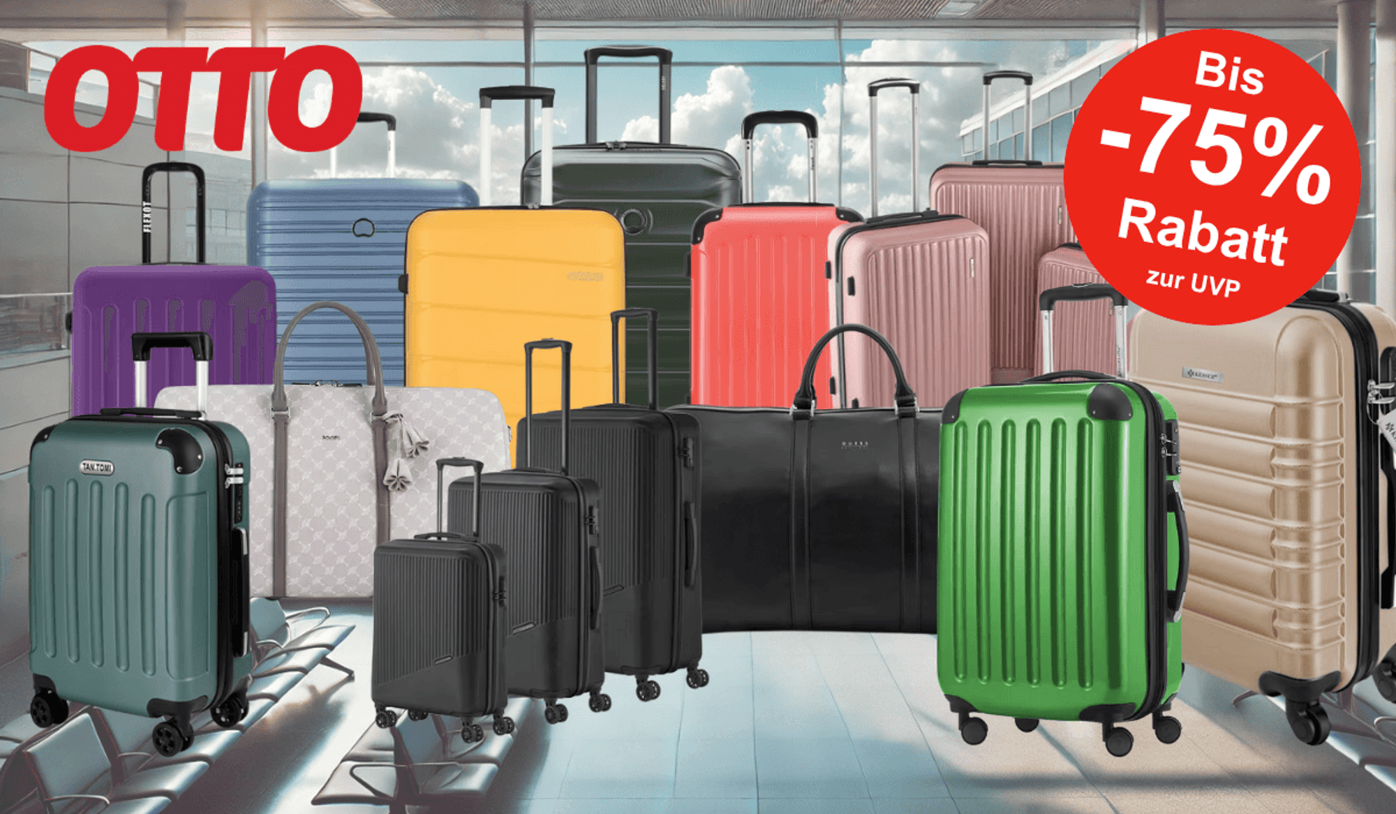 Darstellung von verschiedenen Koffern, Koffer-Sets und Reisetaschen vor einem Hintergrund mit einer Flughafenhalle.