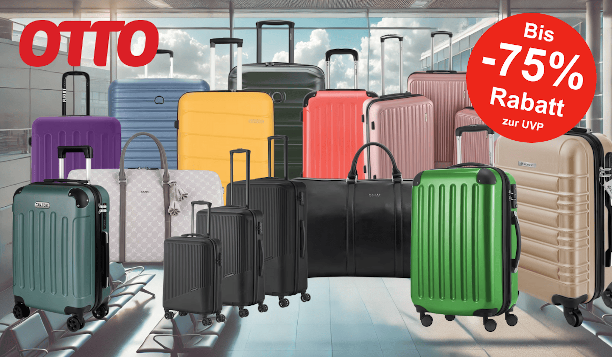 Darstellung von verschiedenen Koffern, Koffer-Sets und Reisetaschen vor einem Hintergrund mit einer Flughafenhalle.