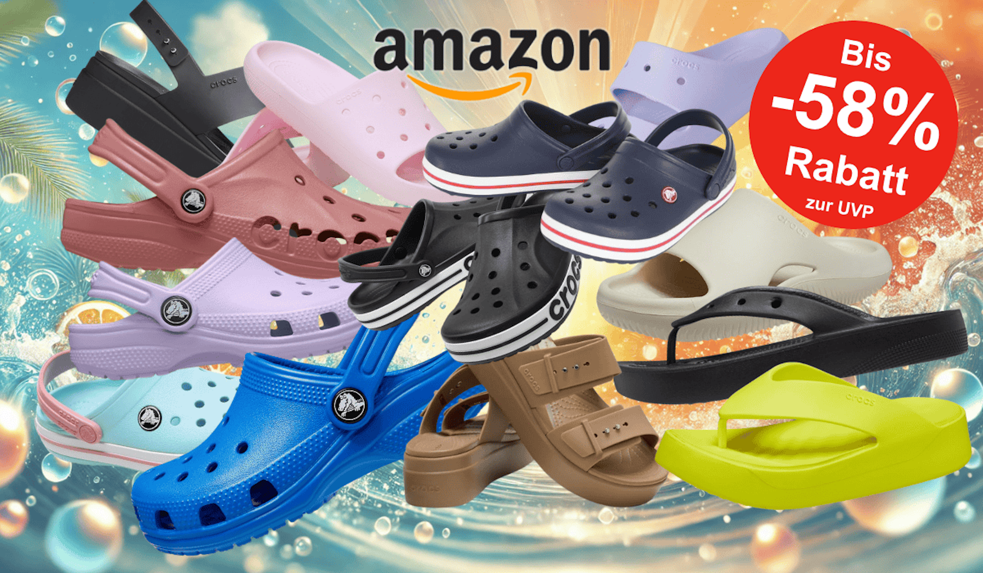 Darstellung verschiedener Crocs Modelle vor einem sommerlichen Hintergrund mit spritzendem Wasser.