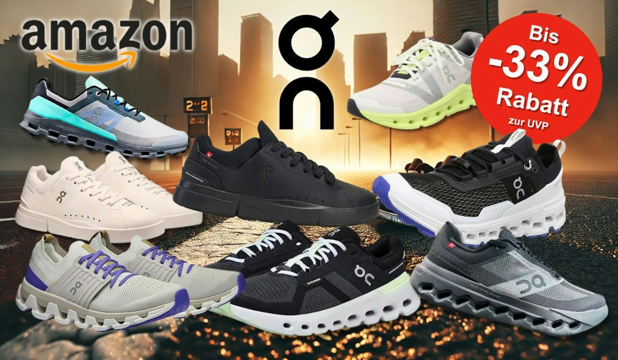 Verschiedene On Sneaker vor einem Hintergrund einer Stadt mit aufgehender Morgensonne.