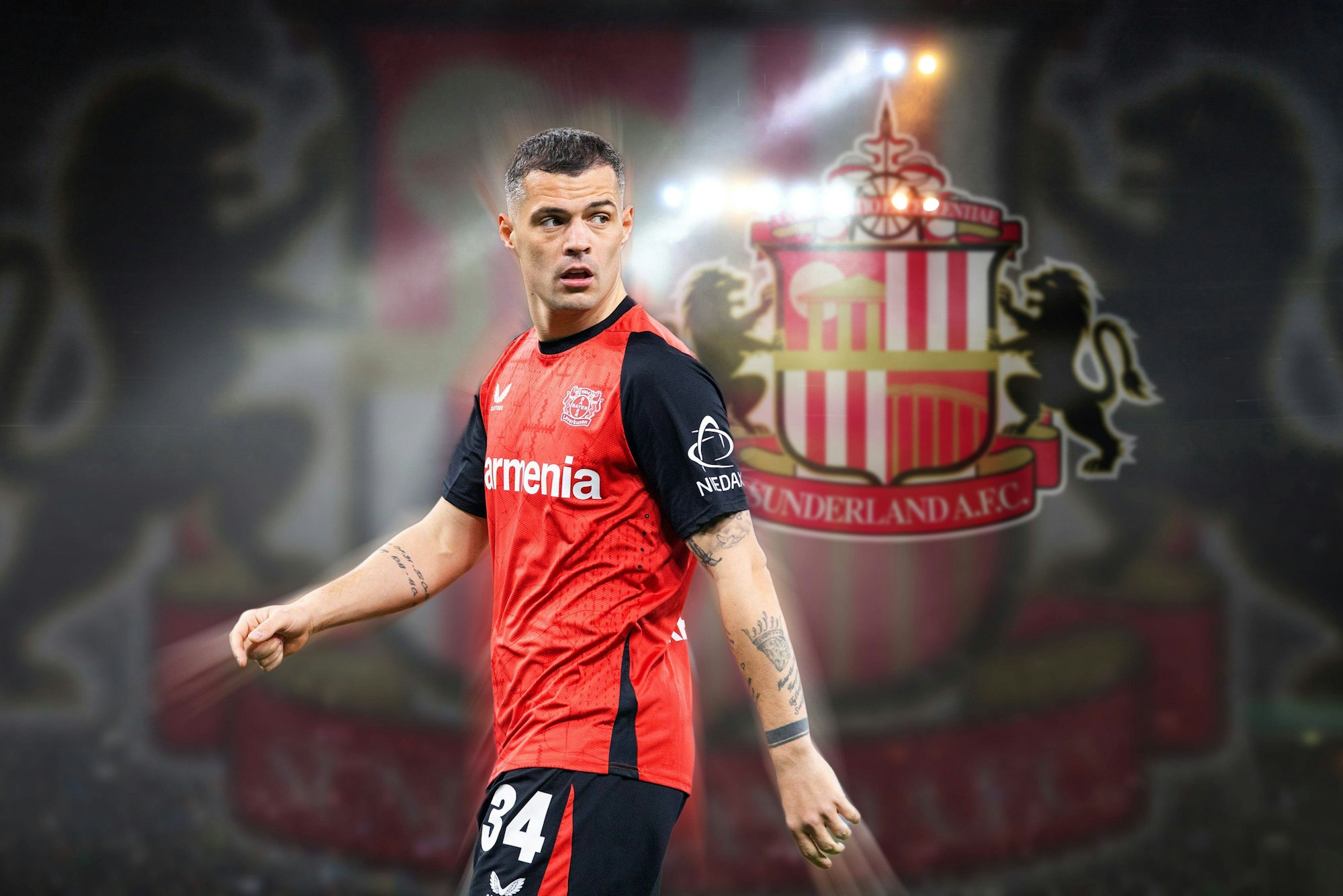Fotomontage: Granit Xhaka vor dem Logo des AFC Sunderland.