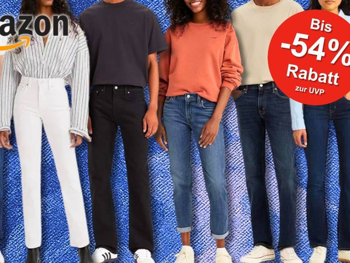 Verschiedene Levi's Jeans Denim Hosen von weiblichen und männlichen Models getragen vor einem Hintergrund aus Jeansstoff.