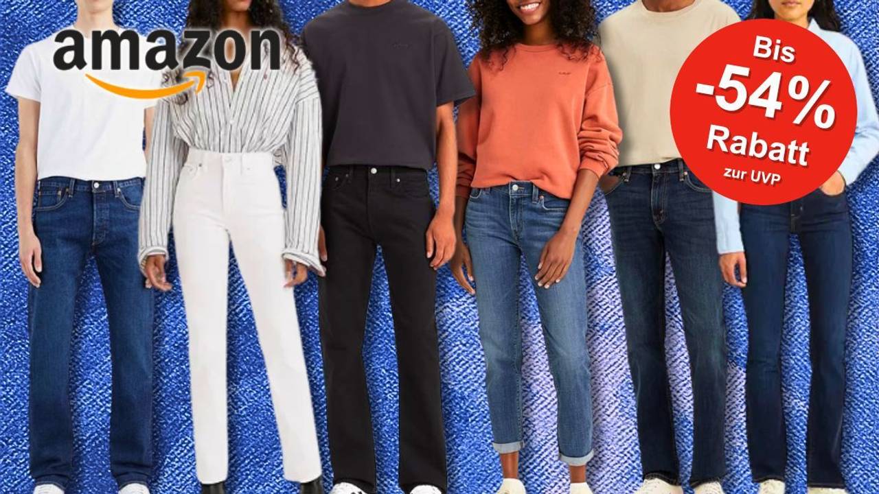 Verschiedene Levi's Jeans Denim Hosen von weiblichen und männlichen Models getragen vor einem Hintergrund aus Jeansstoff.
