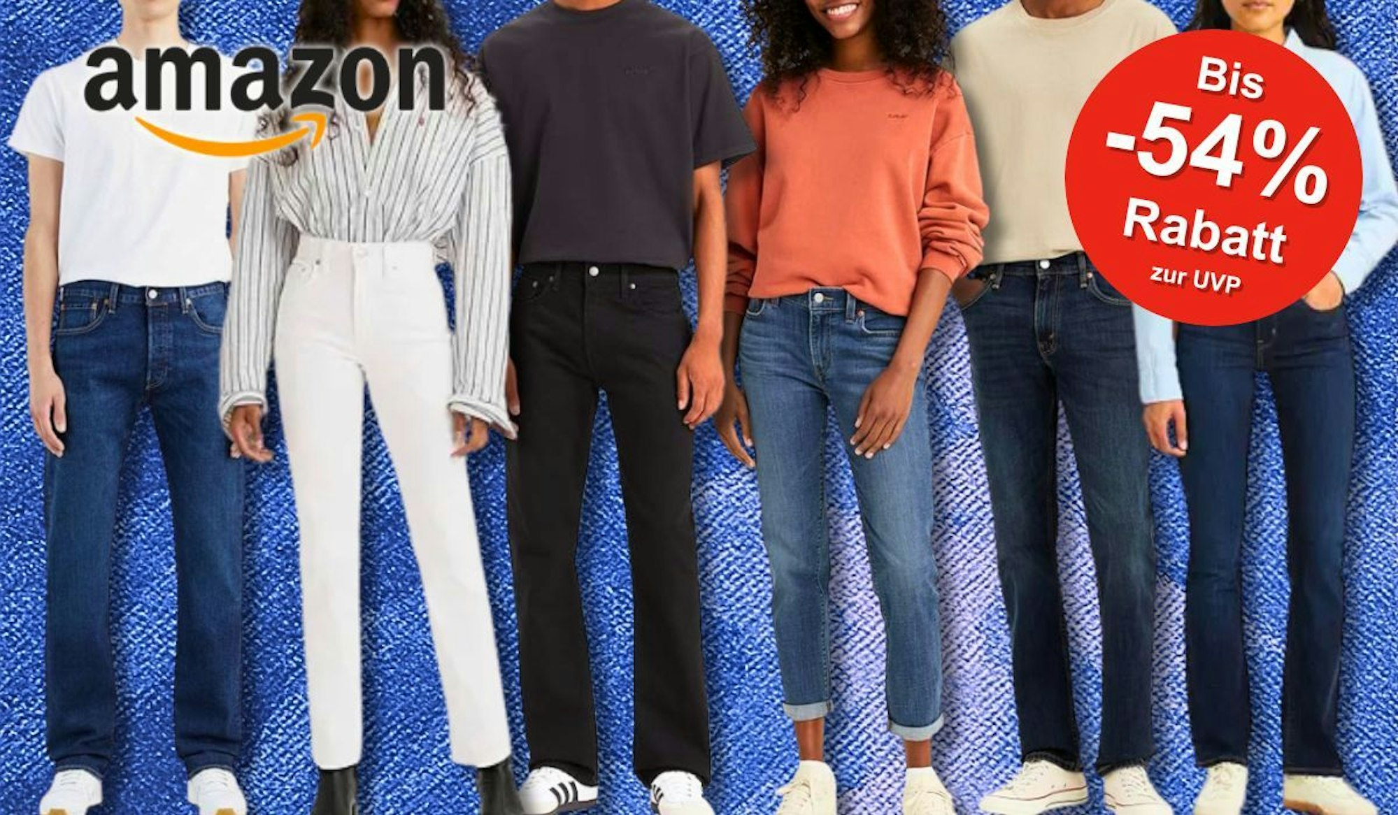 Verschiedene Levi's Jeans Denim Hosen von weiblichen und männlichen Models getragen vor einem Hintergrund aus Jeansstoff.