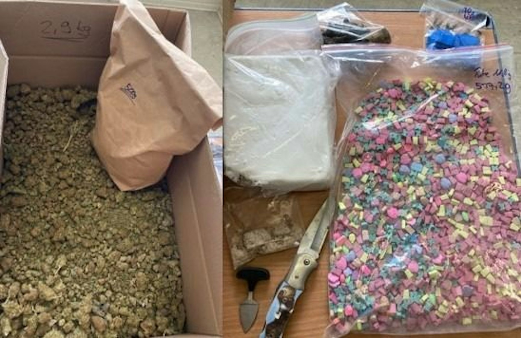Sichergestellte Drogen, Bargeld und Messer auf einem Tisch.