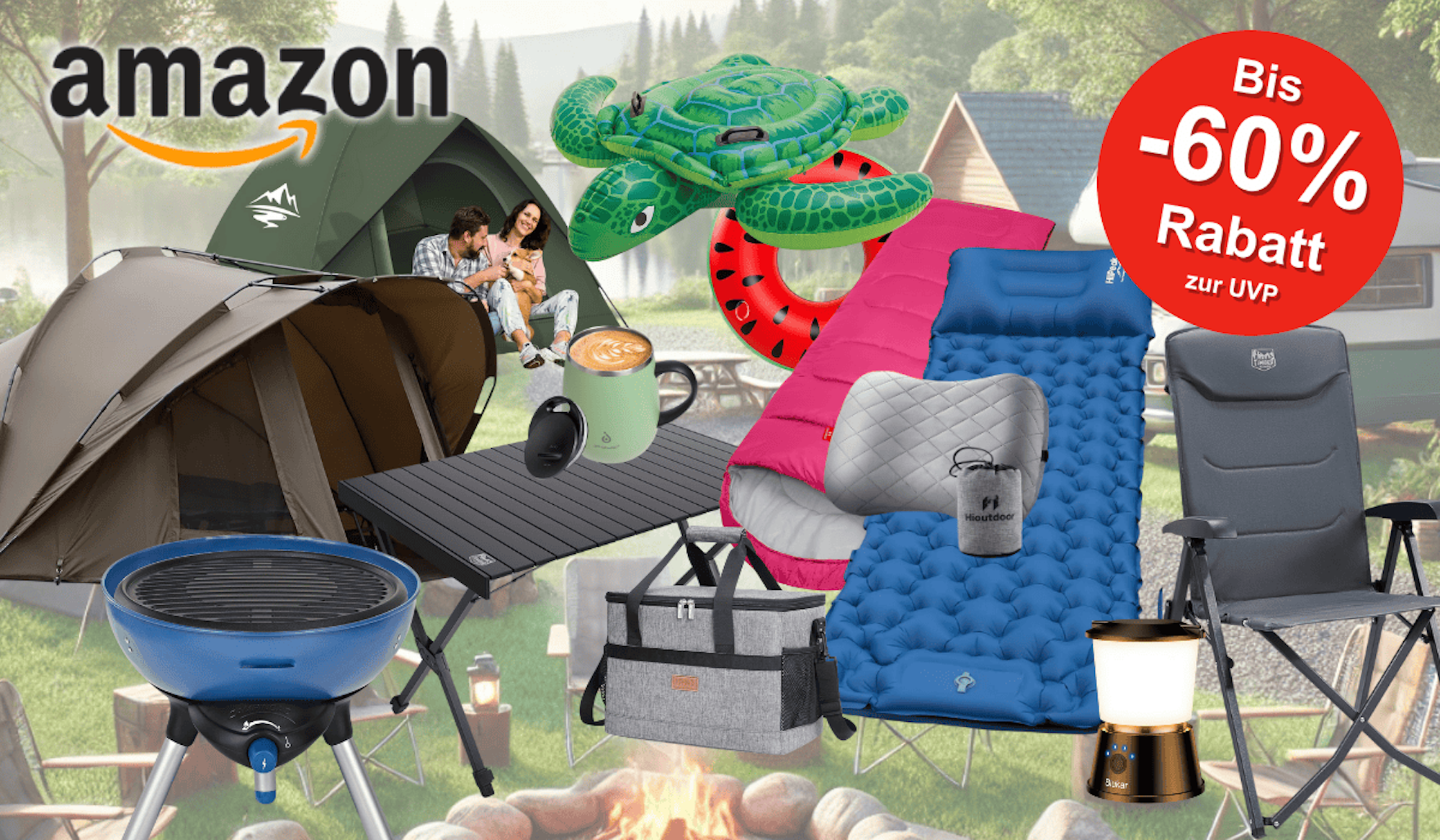 Darstellung verschiedener Camping Artikel wie Zelte, Tische, Stühle, Luftmatratzen, Grill, Kühltaschen und mehr vor einem Hintergrund, der einen Campingplatz zeigt.