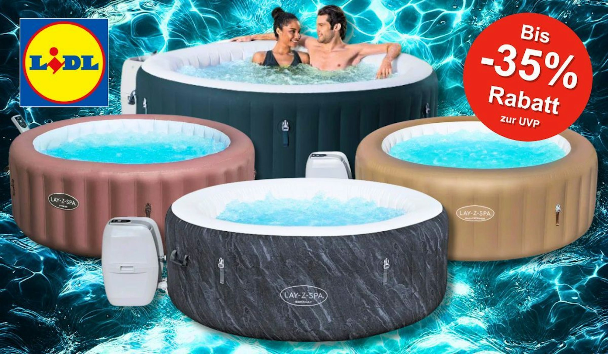 Whirlpool-Modelle, zum Beipiel von Bestway vor einem Hintergrund mit Wasserwellen. In einem Whirlpool sitzt ein fröhliches Paar.