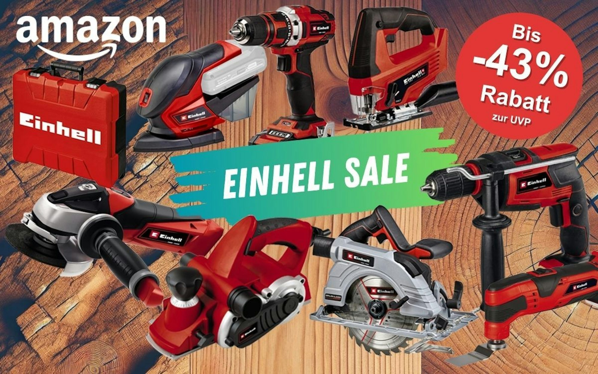 Einhell Werkzeug vor mehreren verschiedenen Holz-Oberflächen von glatt bis reliefartig. Davor Einhell Akku Bohrschrauber, Stichsäge, Kreissäge, Winkelschleifer, Elektrohobel, Multifunktionswerkzeug, Werkzeugkoffer.