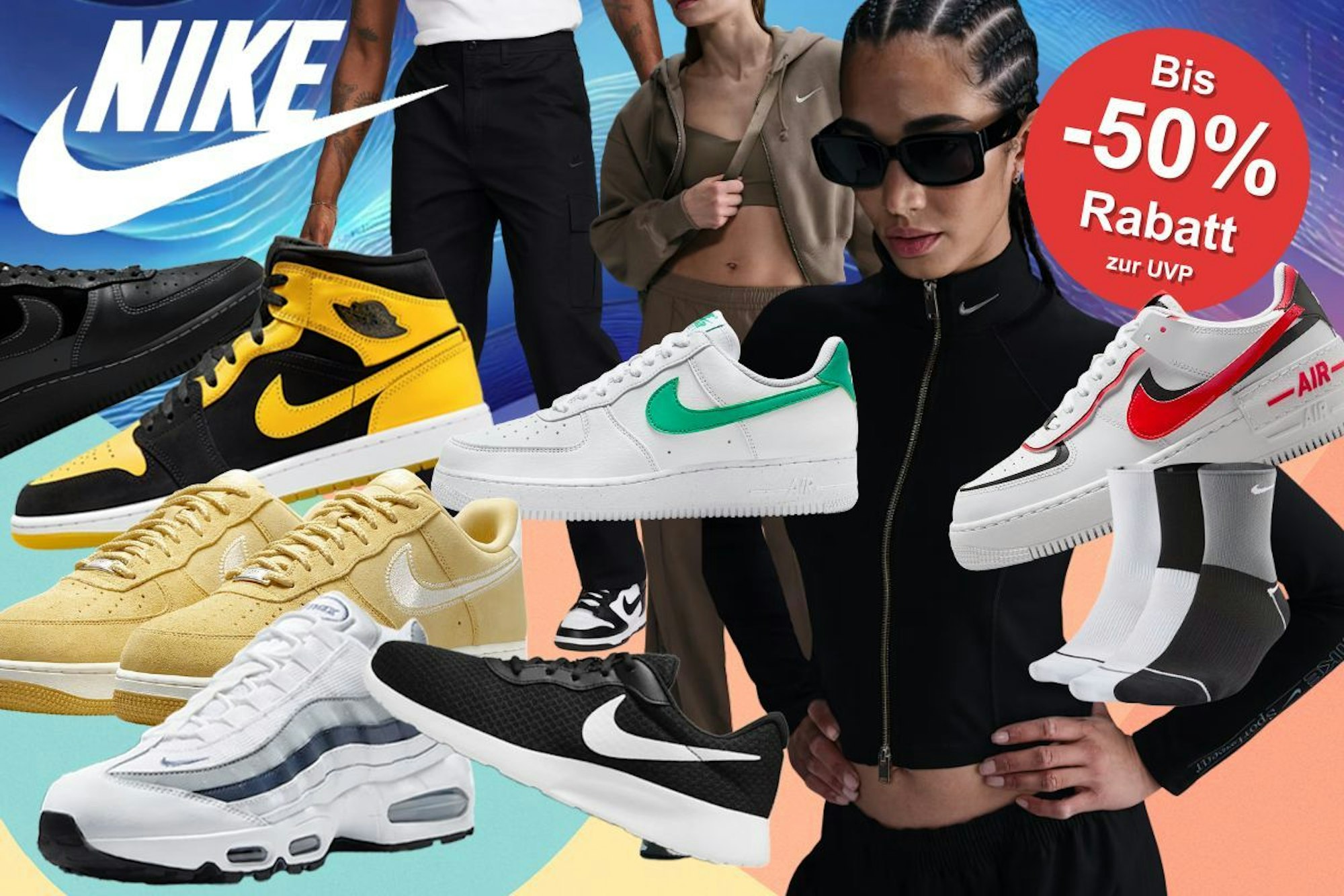 Nike Sneaker von Nike Dunk High, Tanjun, Air Force 1, Dunk Low, Air Jordan und verschiedene Sportkleidung für Damen und Herren vor Hintergrund mit bunten, geometrischen Flächen.