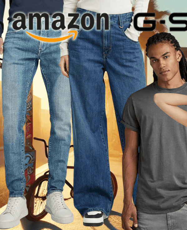 Darstellung verschiedener G-STAR Modeartikel für Damen und Herren wie Jeans, T-Shirt, Kleid und Top vor einem Hintergrund im Streetstyle-Look.