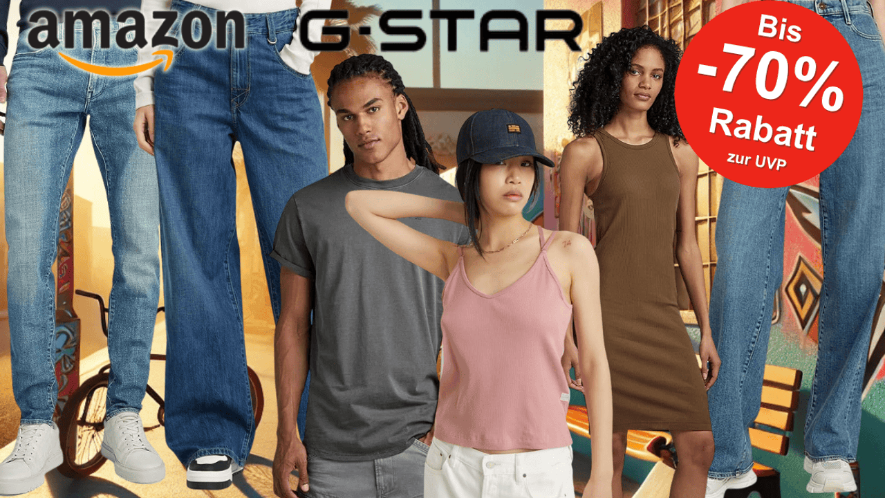 Darstellung verschiedener G-STAR Modeartikel für Damen und Herren wie Jeans, T-Shirt, Kleid und Top vor einem Hintergrund im Streetstyle-Look.
