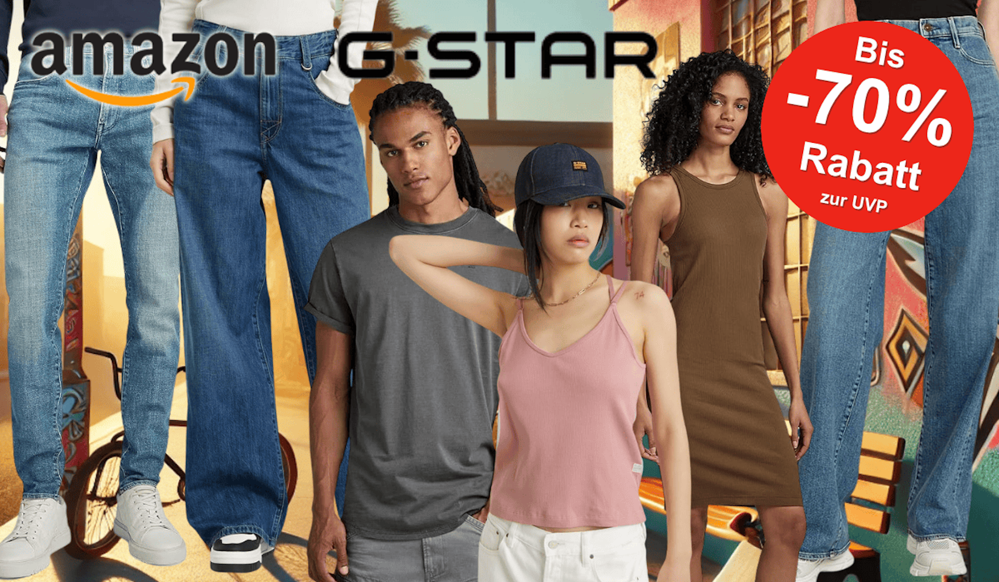 Darstellung verschiedener G-STAR Modeartikel für Damen und Herren wie Jeans, T-Shirt, Kleid und Top vor einem Hintergrund im Streetstyle-Look.