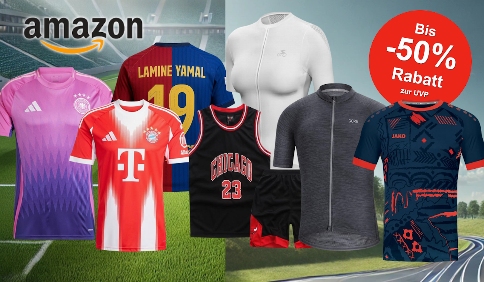 Auf dem Bild sind Trikots aus dem Fussball, Radsport und Basketball zu sehen.