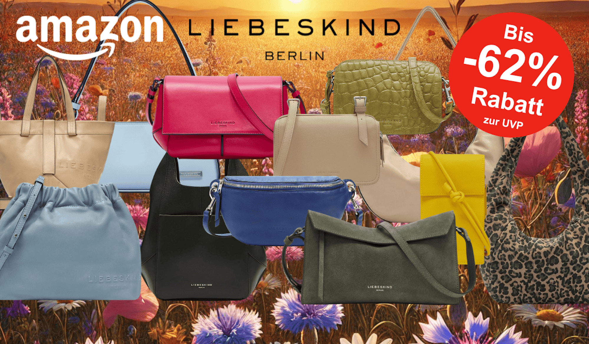 Darstellung verschiedener Liebeskind Berlin Handtaschen vor einem Blumenfeld im Sonnenuntergang.