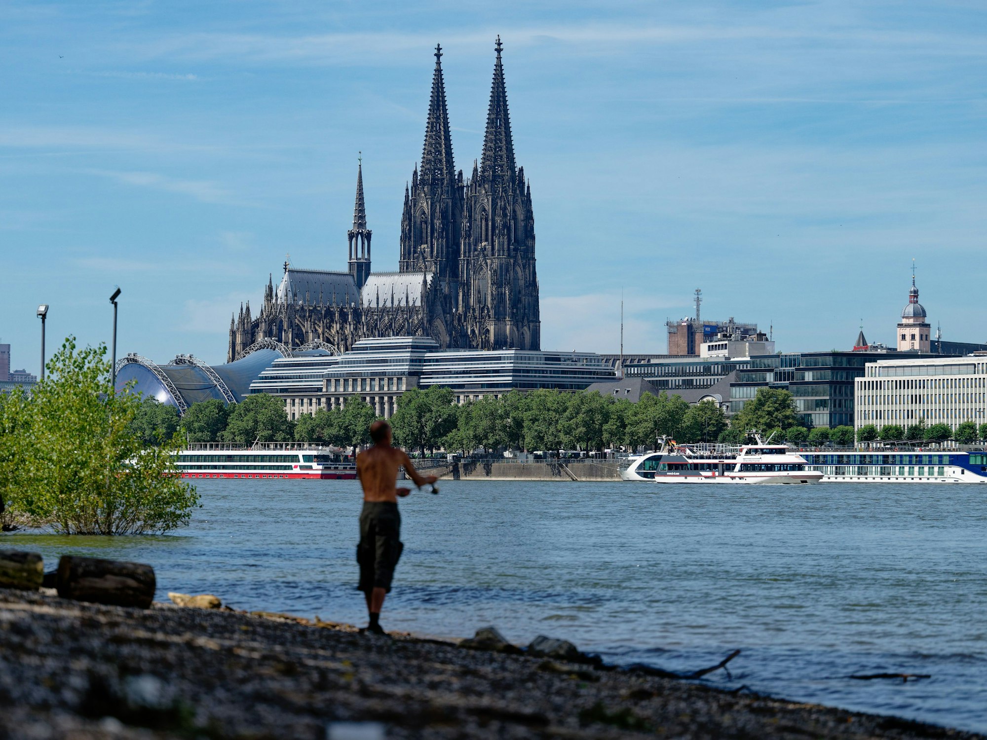 Ein Angler steht bei Hochsommerwetter am Rhein und angelt. Im Hintergrund der Kölner Dom
