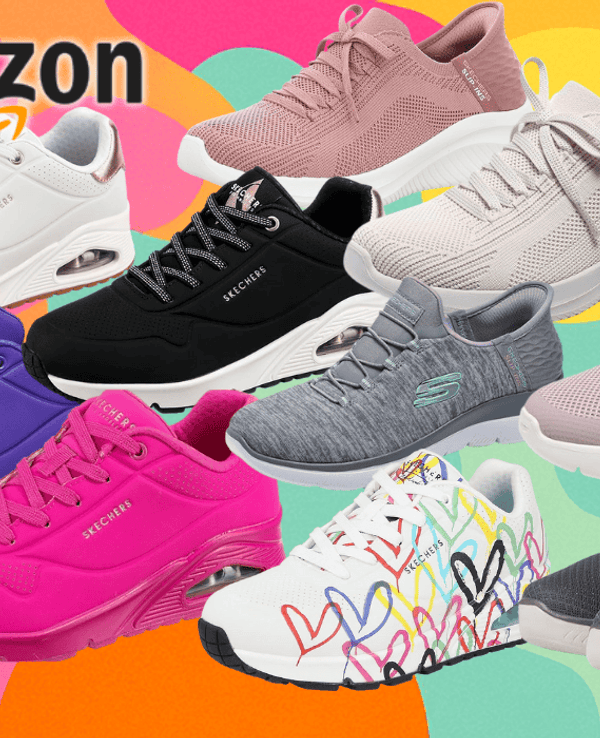 Darstellung verschiedener Skechers Slip-ins Sneaker und UNO Sneaker vor einem bunten Hintergrund.