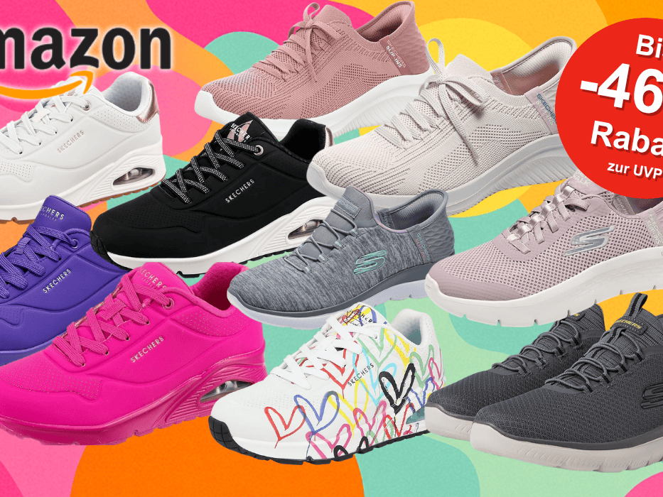 Darstellung verschiedener Skechers Slip-ins Sneaker und UNO Sneaker vor einem bunten Hintergrund.