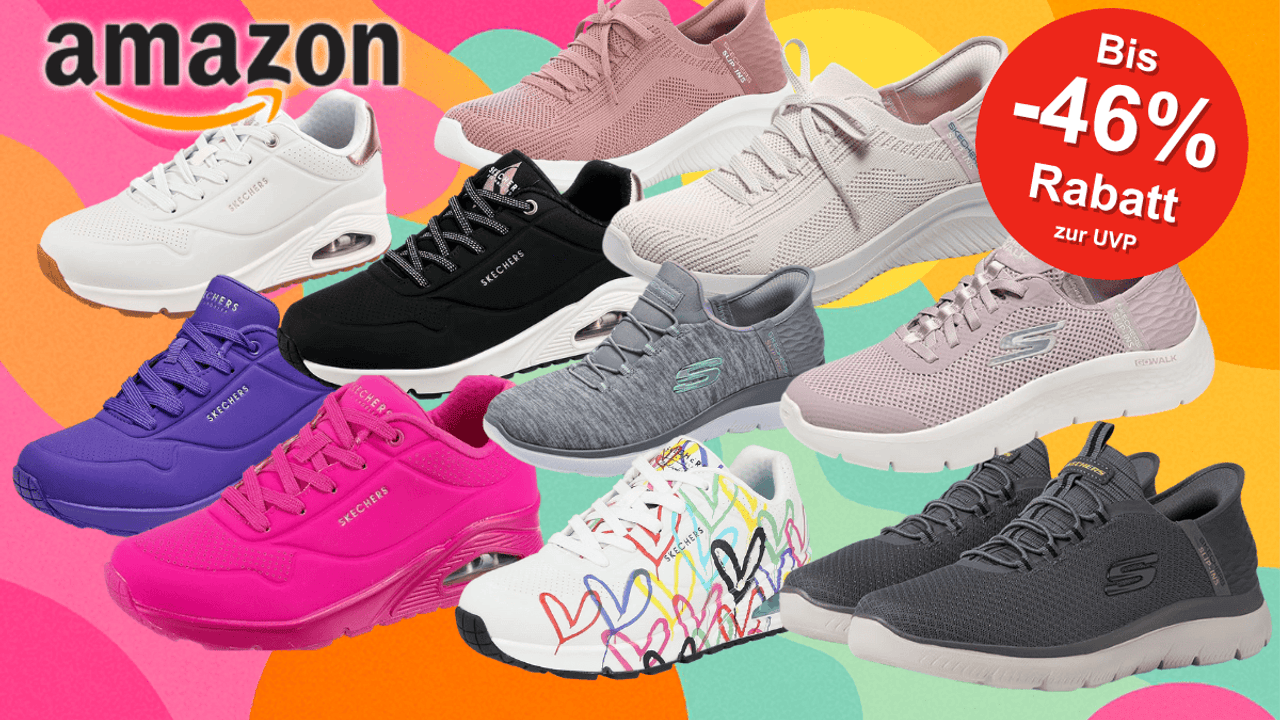 Darstellung verschiedener Skechers Slip-ins Sneaker und UNO Sneaker vor einem bunten Hintergrund.