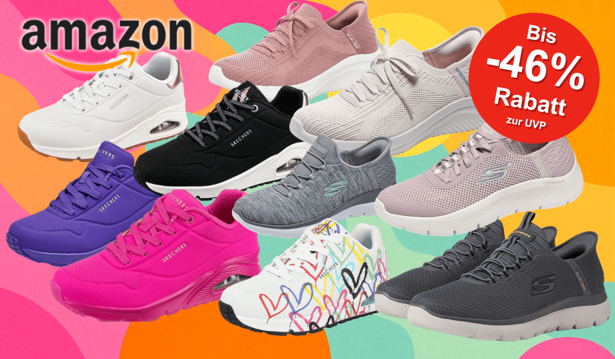 Darstellung verschiedener Skechers Slip-ins Sneaker und UNO Sneaker vor einem bunten Hintergrund.