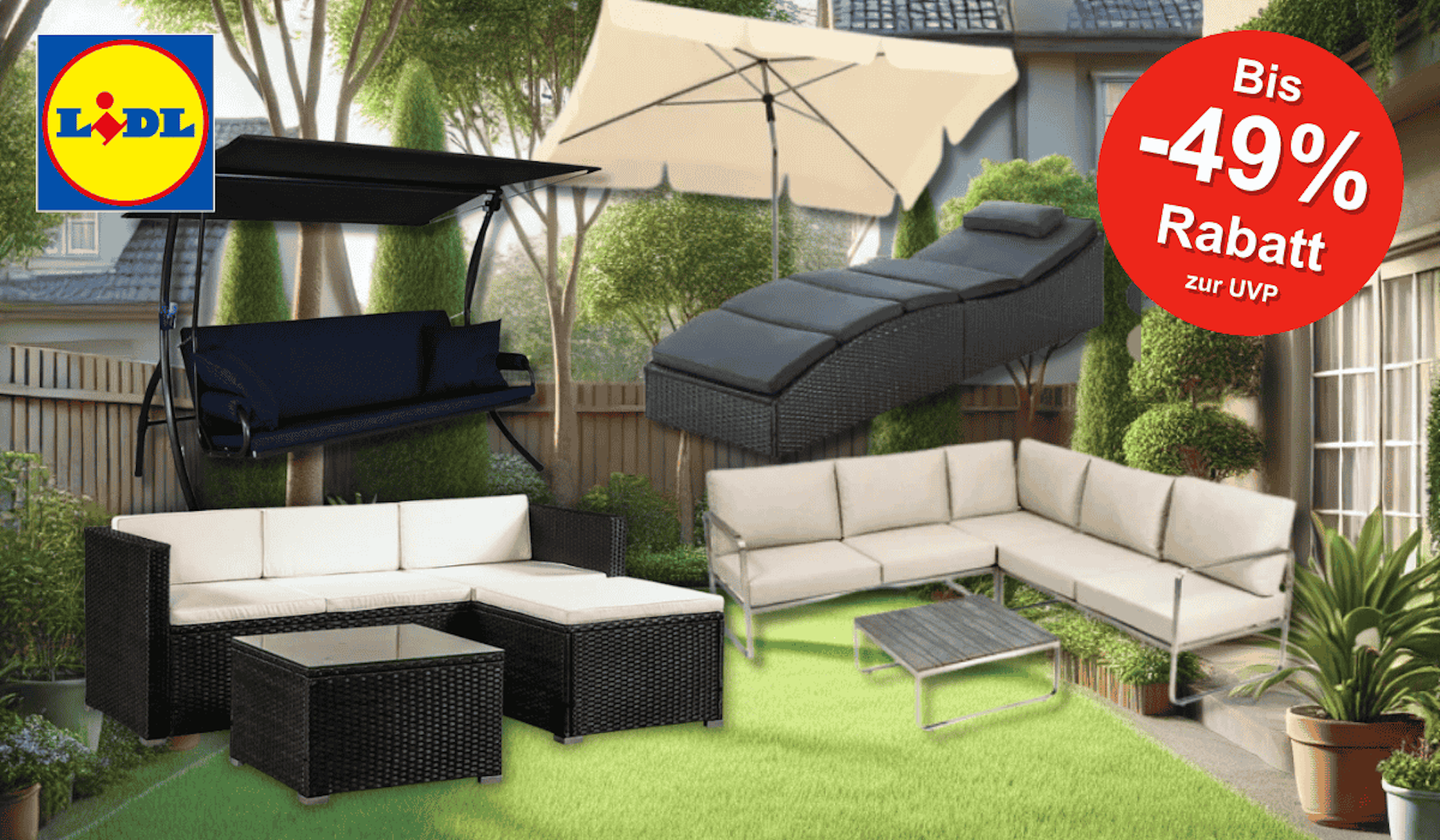 Eine sonnige Gartenszene mit verschiedenen stilvollen Gartenmöbeln aus dem Lidl Onlineshop, darunter Loungesets, eine Gartenliege, ein Sonnenschirm und eine Hollywoodschaukel.