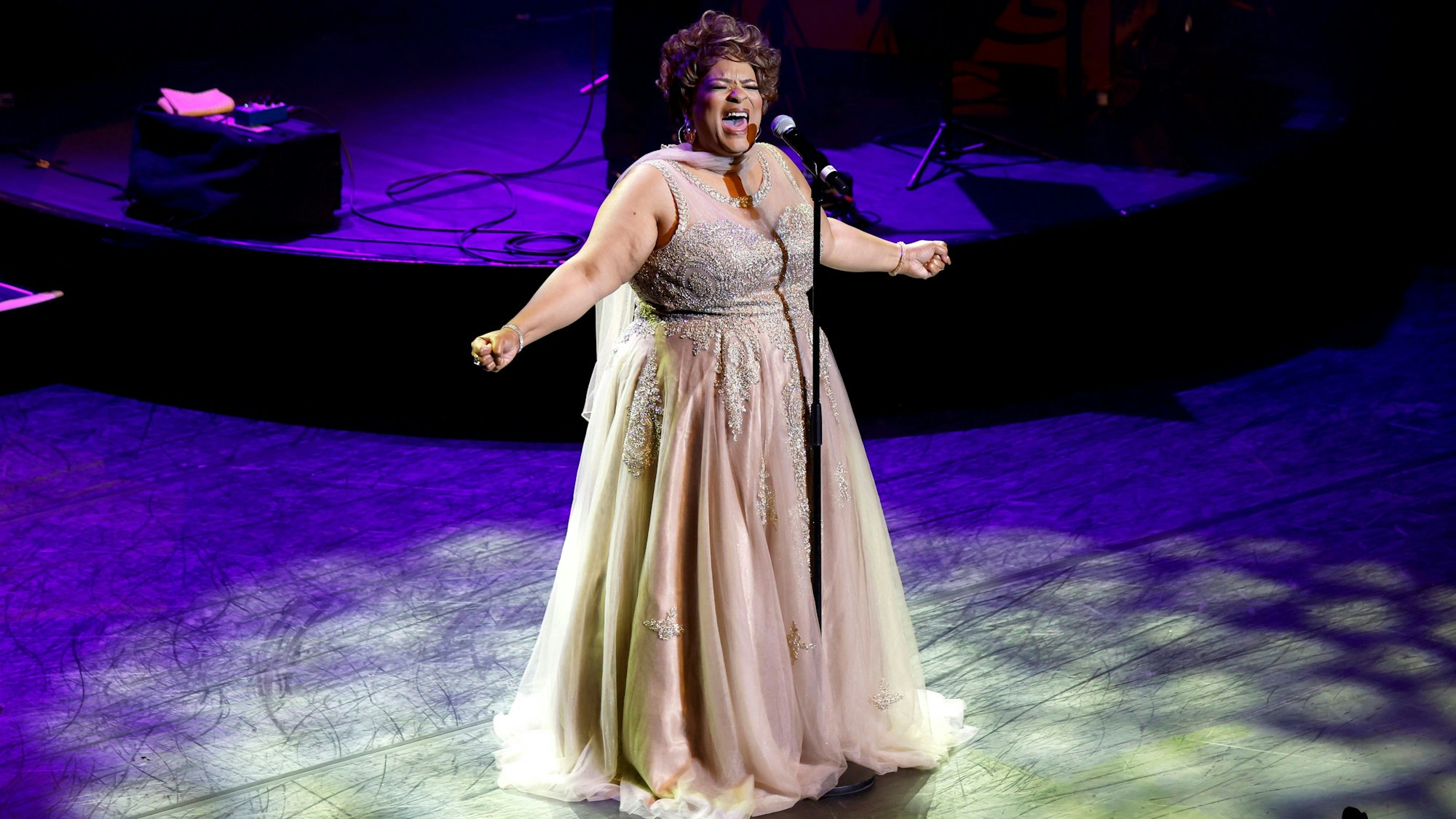 Eine Sängerin in einem strassbesetzten Tüllkleid steht im Scheinwerferlicht und singt.