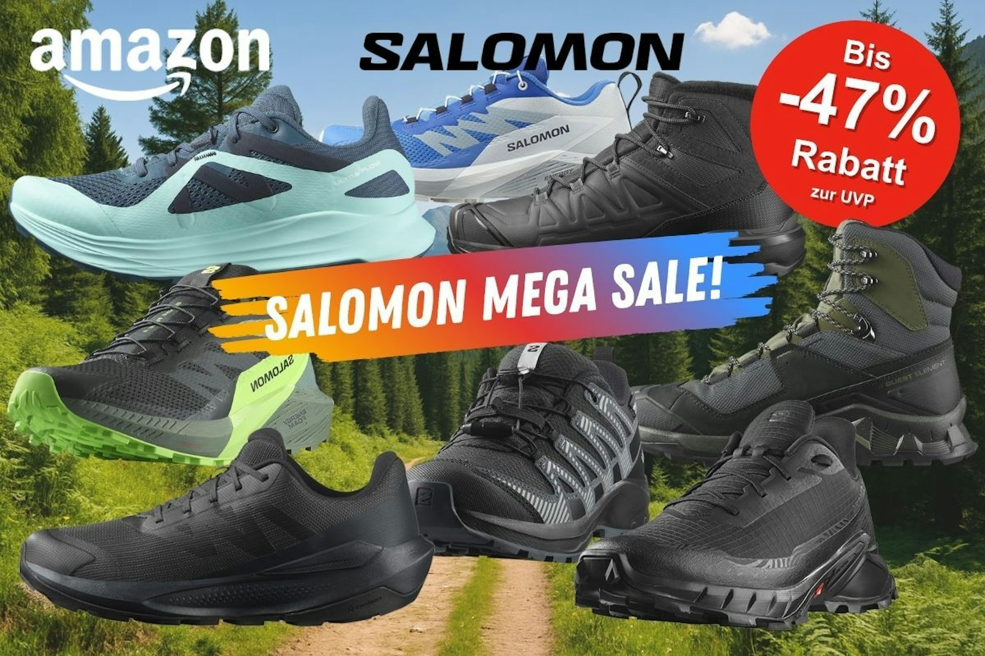Salomon Sneaker und Trail und Hiking Schuhe vor einem Wald und Bergpanorama.