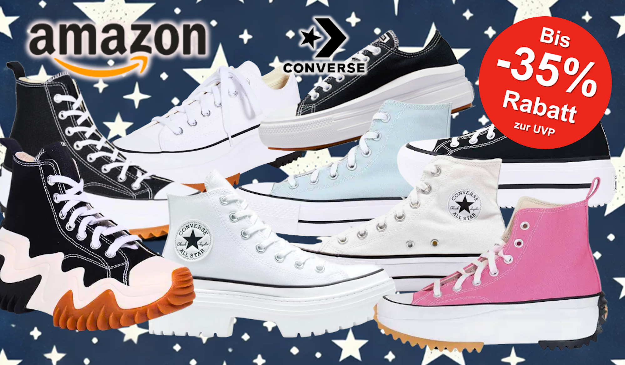 Eine Auswahl klassischer Converse Sneaker in verschiedenen Farben und Ausführungen (High-Top und Low-Top) vor einem blauen Hintergrund mit weißen Sternen.