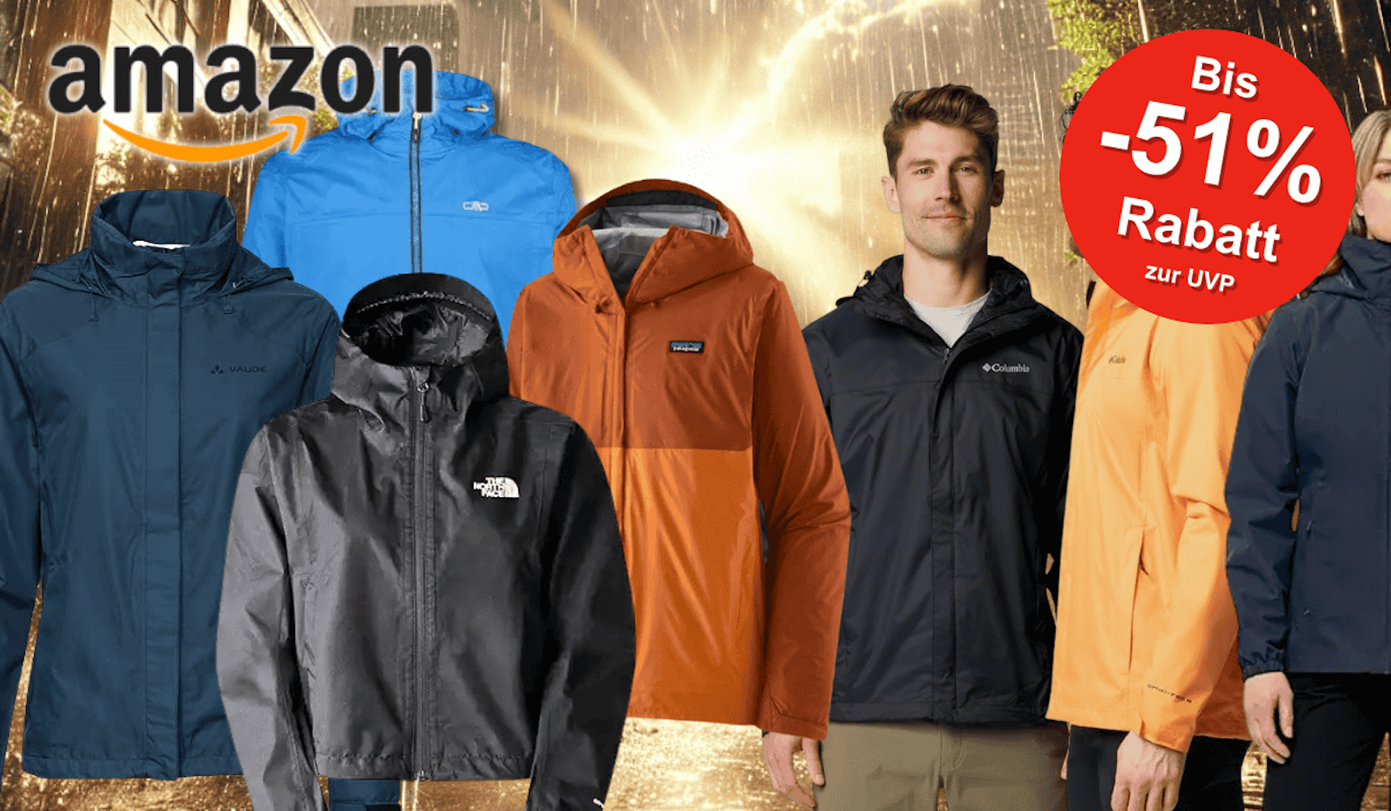 Verschiedene hochwertige Regenjacken von Marken wie The North Face, Columbia, Patagonia, Vaude und weiteren, vor einem regnerischen Hintergrund.