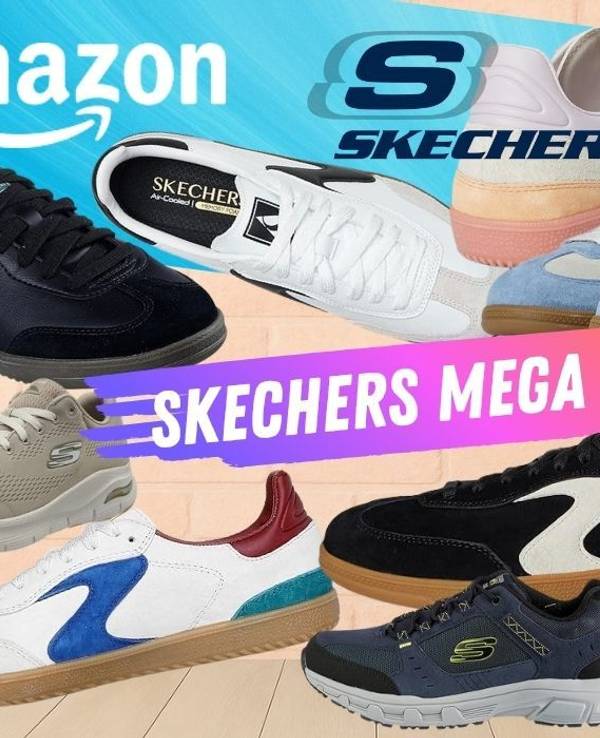 Skechers Hotshot Sneaker in verschiedenen Designs und Farben und weitere Skechers Modelle wie Uno und Summit vor einer leicht rosa eingefärbten Backsteinmauer.