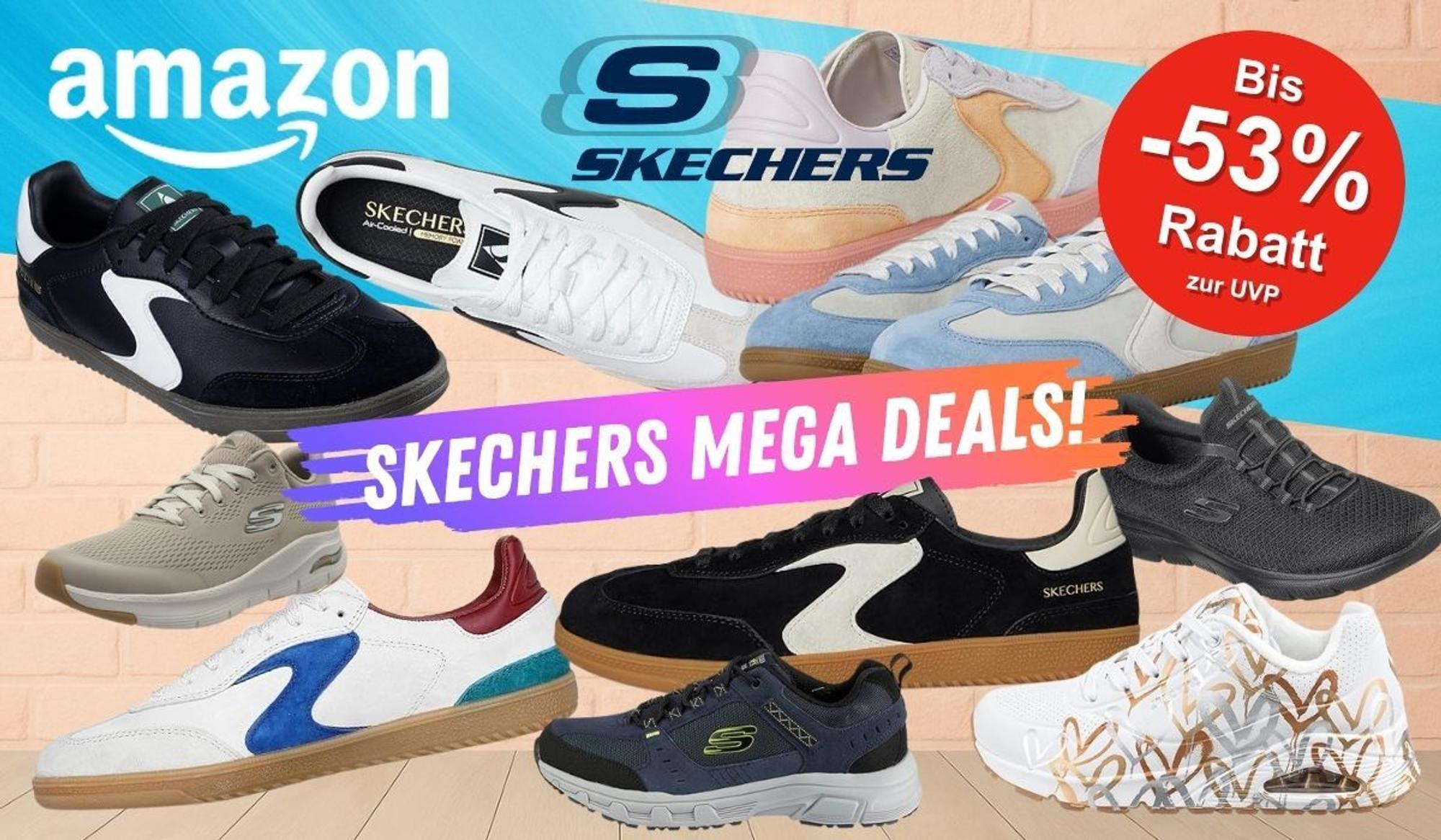 Skechers Hotshot Sneaker in verschiedenen Designs und Farben und weitere Skechers Modelle wie Uno und Summit vor einer leicht rosa eingefärbten Backsteinmauer.