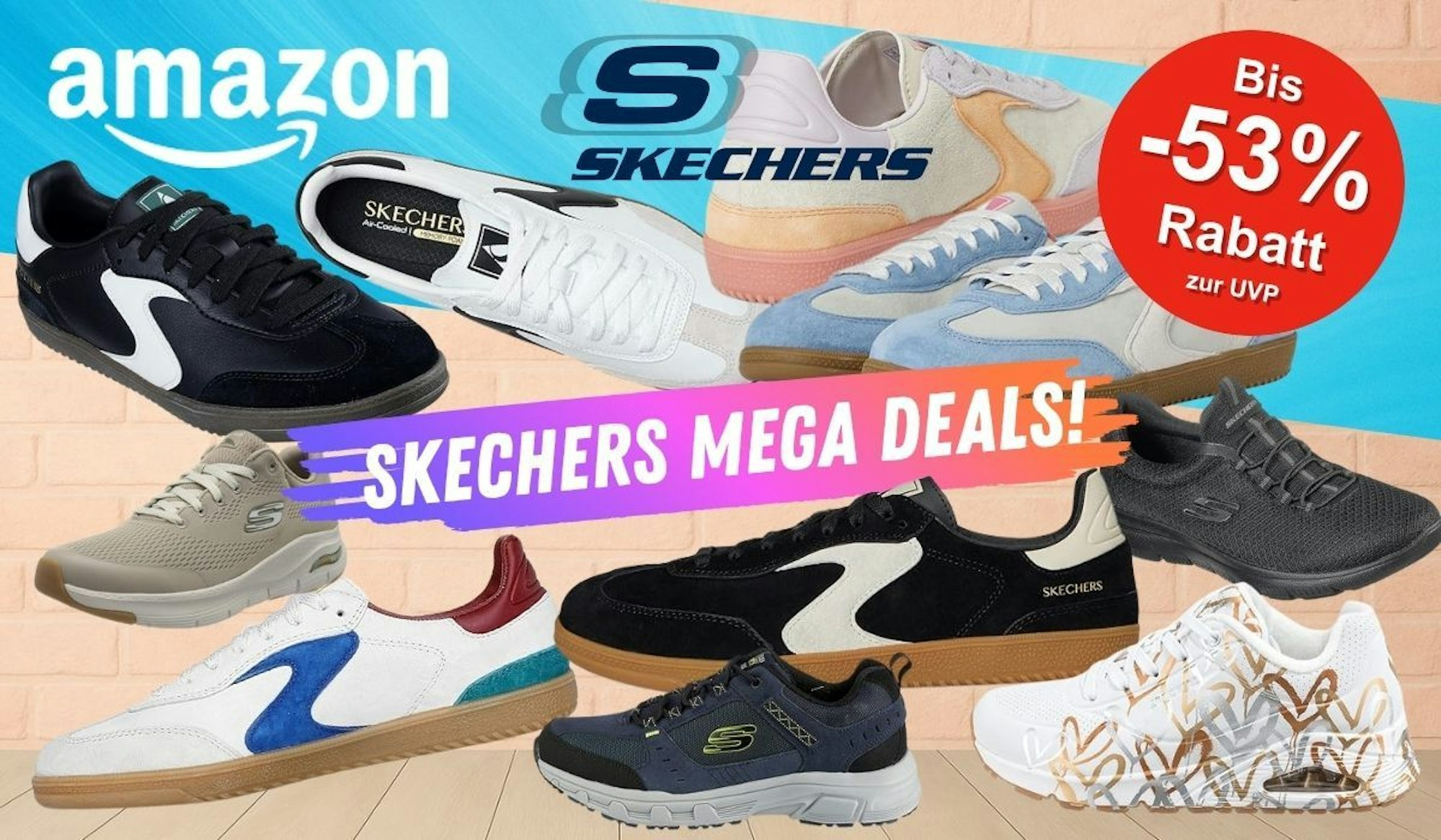Skechers Hotshot Sneaker in verschiedenen Designs und Farben und weitere Skechers Modelle wie Uno und Summit vor einer leicht rosa eingefärbten Backsteinmauer.