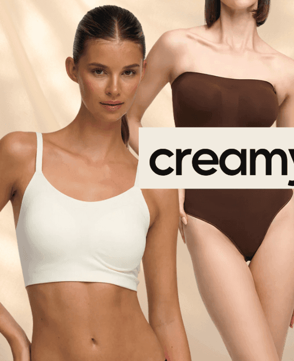 Darstellung verschiedener Shapewear Artikel der Marke Creamy Fabrics vor einem beigen Hintergrund.