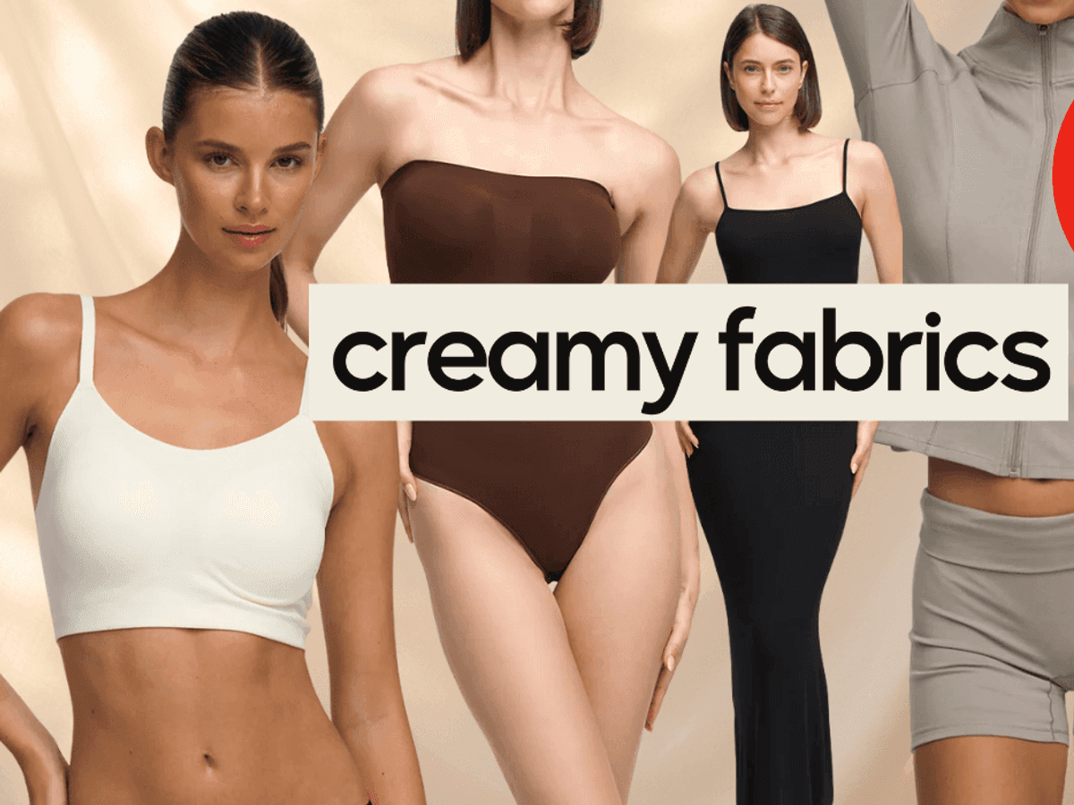 Darstellung verschiedener Shapewear Artikel der Marke Creamy Fabrics vor einem beigen Hintergrund.