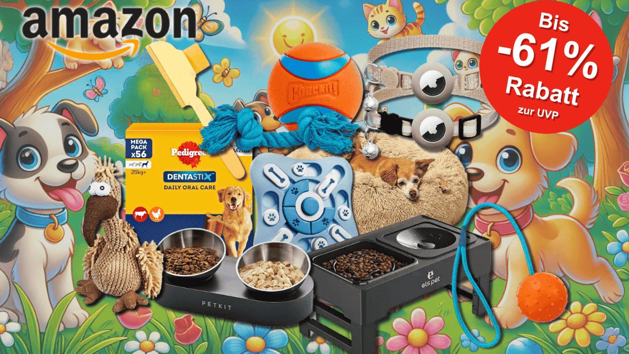 Vor einem fröhlichen Cartoon-Hintergrund mit Hunden und Katzen sind verschiedene Tierprodukte wie Spielzeug, Näpfe, Snacks und Zubehör prominent platziert.