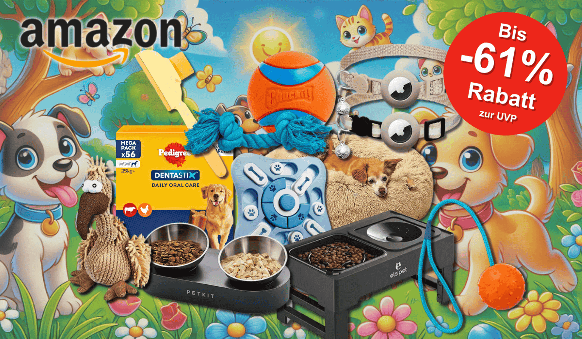 Vor einem fröhlichen Cartoon-Hintergrund mit Hunden und Katzen sind verschiedene Tierprodukte wie Spielzeug, Näpfe, Snacks und Zubehör prominent platziert.
