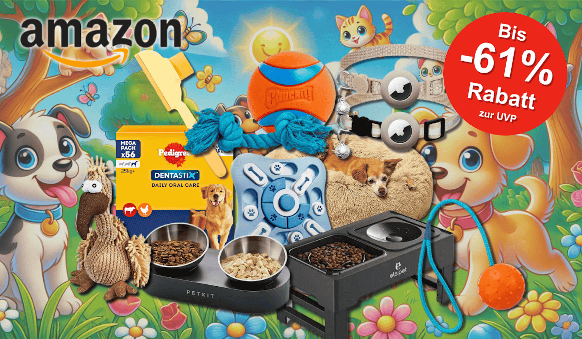 Vor einem fröhlichen Cartoon-Hintergrund mit Hunden und Katzen sind verschiedene Tierprodukte wie Spielzeug, Näpfe, Snacks und Zubehör prominent platziert.