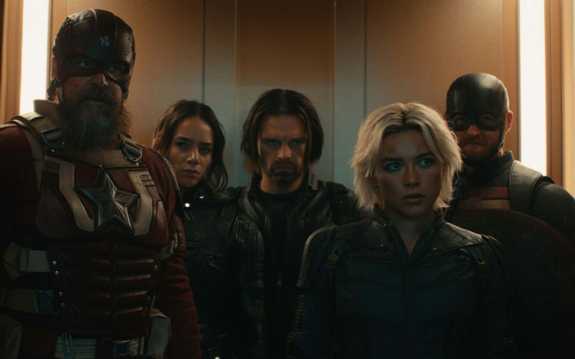 Sie müssen gemeinsam die Welt retten (von links): Red Guardian (David Harbour), Ghost (Hannah John-Kamen), Bucky Barnes (Sebastian Stan), Yelena Belova (Florence Pugh), and John Walker (Wyatt Russell). (Bild: Leonine/Marvel Studios)