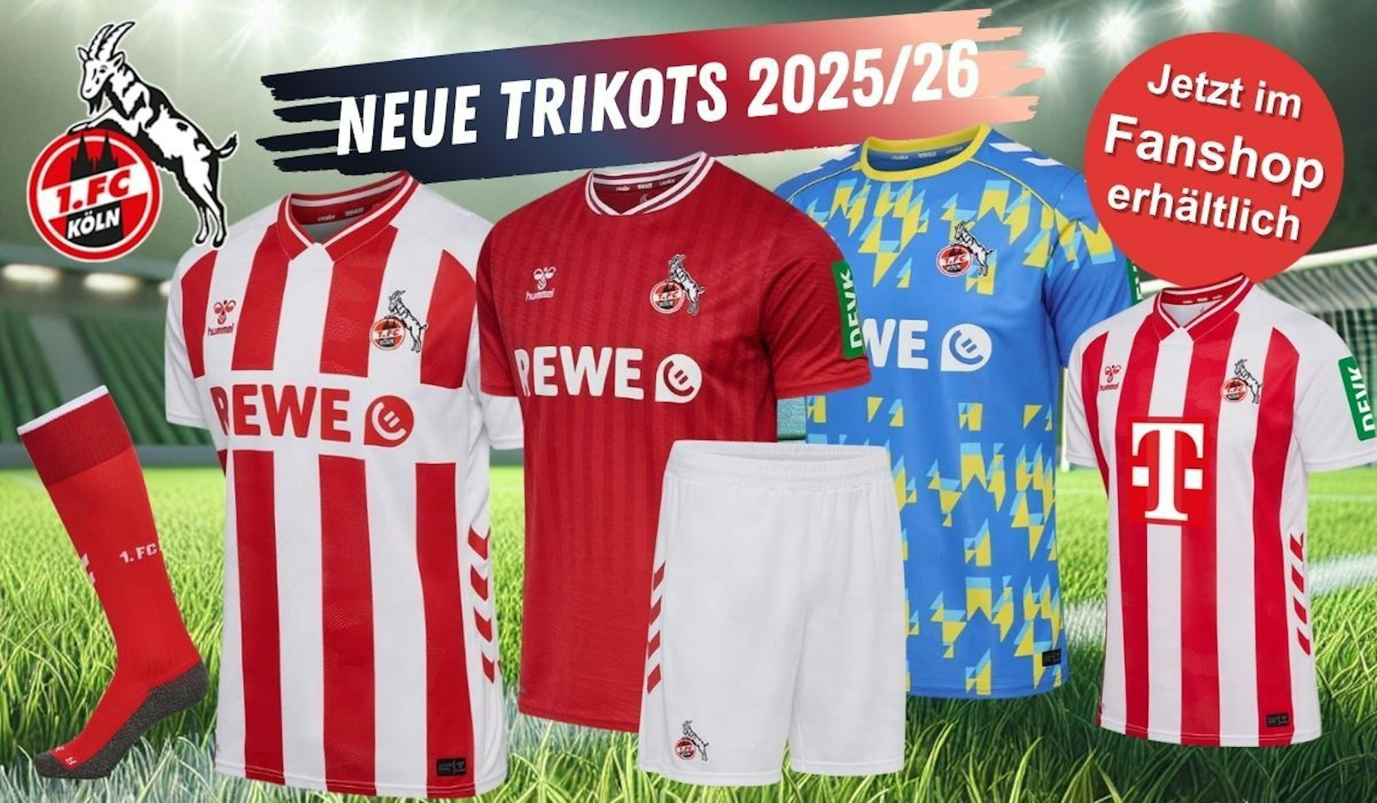 Die neuen 1. FC Köln Trikots für die Saison 2025/26: Heimtrikot, Auswärtstrikot, Torwarttrikot für Senior und Junior sowie das Frauen Trikot vor einem Fußballstadion im Hintergrund und 1. FC Köln Logo.