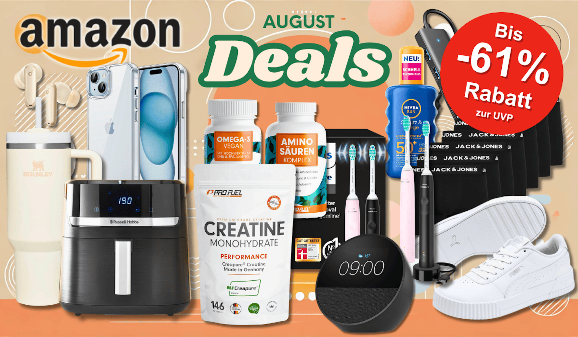 Eine bunte Collage der Amazon August Deals 2025 mit einer Auswahl stark rabattierter Produkte aus verschiedenen Kategorien – darunter Technik, Haushalt, Mode, Pflege und Fitness.