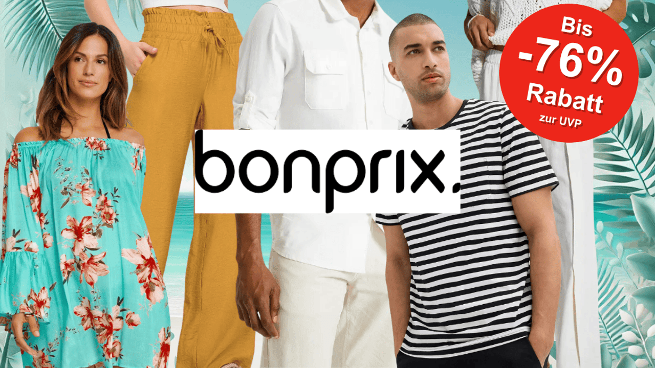 Darstellung verschiedener bonprix Kleidungsstücke wie Hosen, Hemd, T-Shirt und Kleid vor einem Hintergrund mit Meer. An der Seite sind im Hintergrund Pflanzenzweige platziert.
