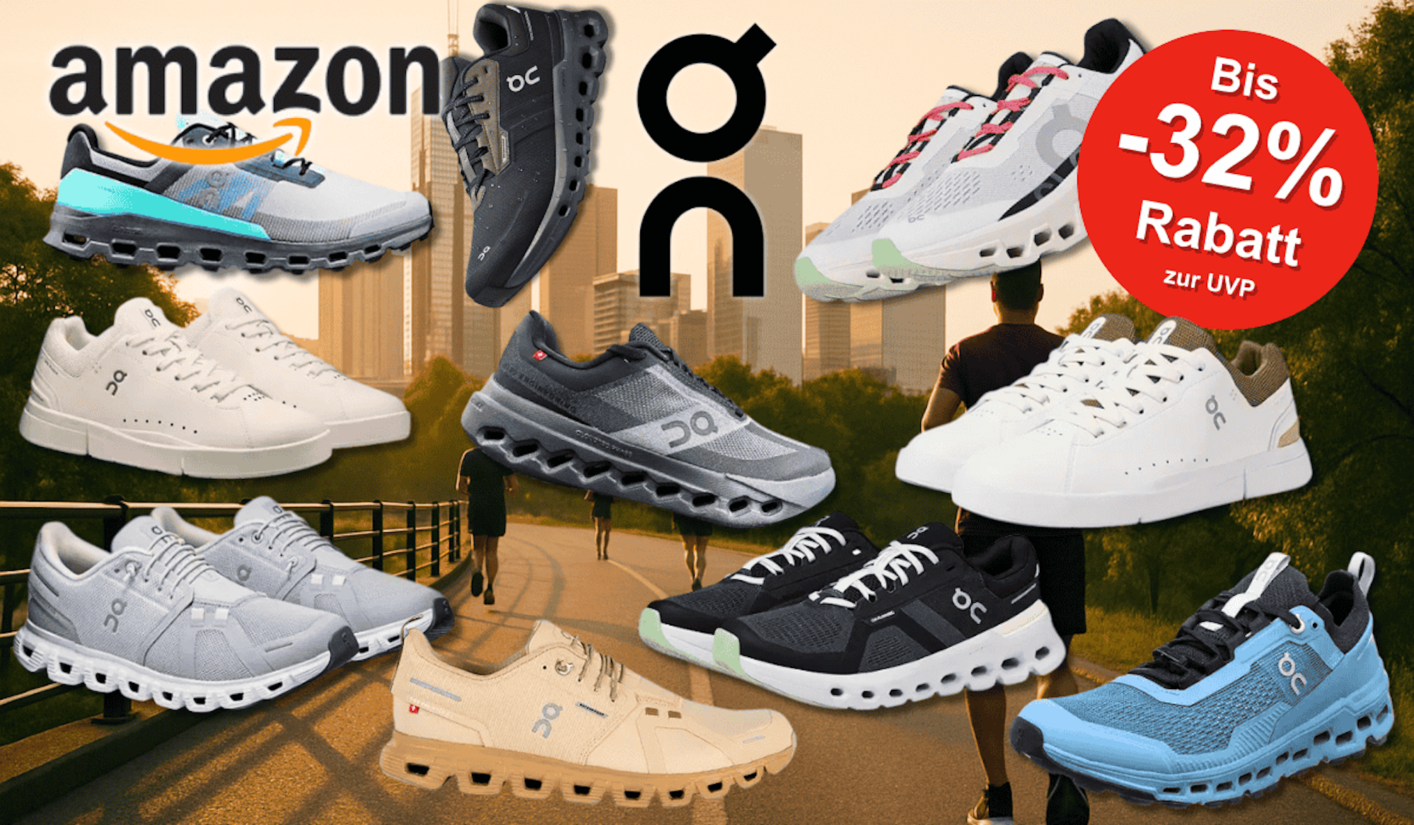 Verschiedene On Sneaker Modelle vor einem Hintergrund einer Stadt im Morgengrauen mit Sonne.