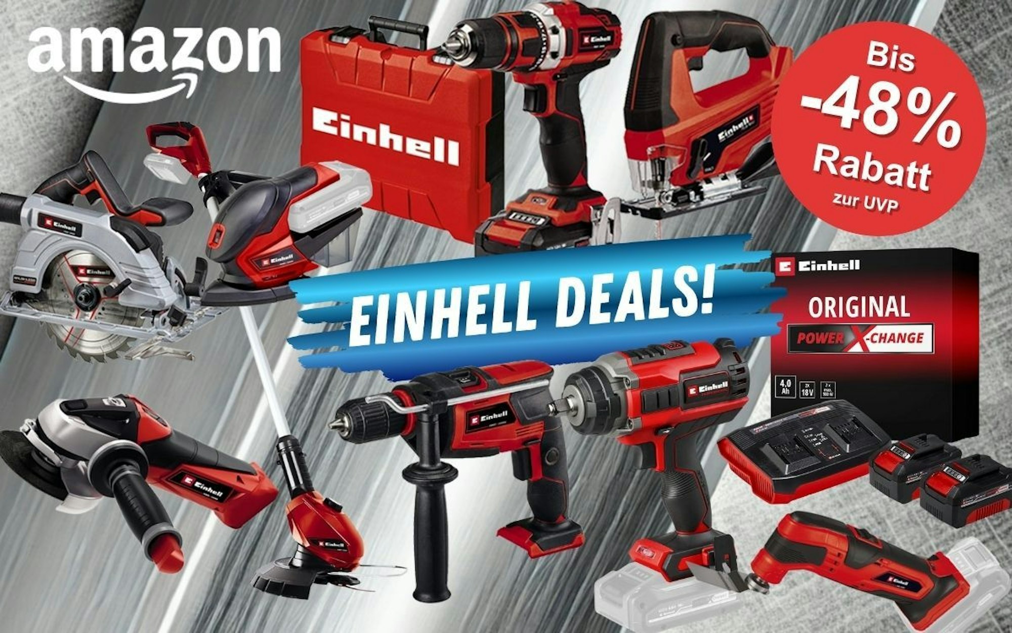 Einhell Werkzeug vor silber-metallischem Hintergrund. Davor Einhell Akku Bohrschrauber, Stichsäge, Rasentrimmer, Akku Starter-Set mit Ladegerät, Kreissäge, Winkelschleifer, Multifunktionswerkzeug, Werkzeugkoffer.