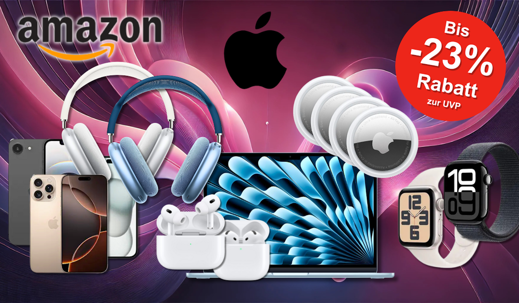Apple Produkte wie iPhones, Apple Watches, MacBook, AirPods und AirTags vor einem farbigen Hintergrund.
