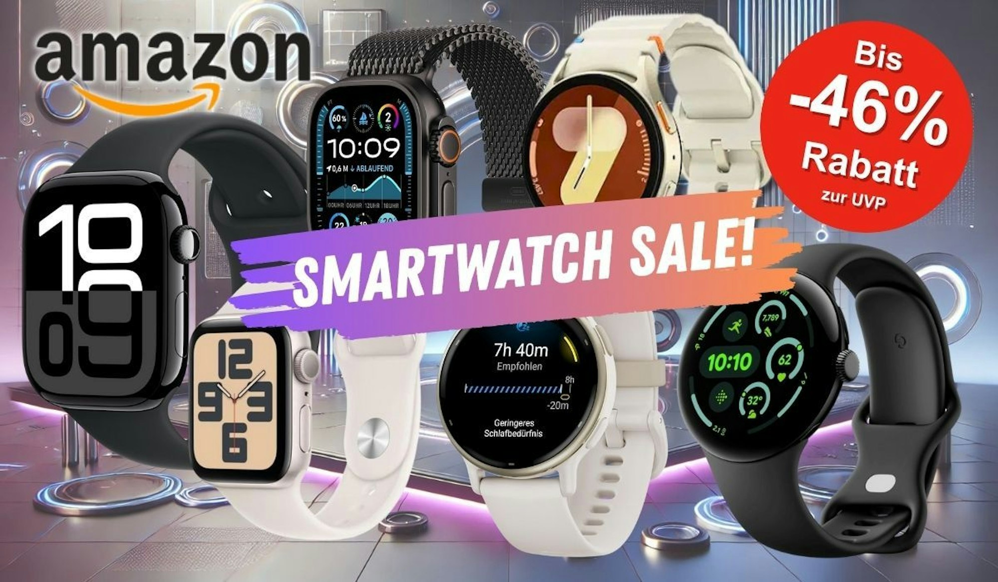 Verschiedene Smartwatch-Modelle von Marken wie Apple, Samsung, Garmin, Xiaomi vor einem Hintergrund mit technischen Elementen in Neonfarben.